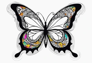 butterfly with one wing black scribbles, the other wing beautiful and colorful, the body has the date 1.9.2023 and the words written "I chose to live." tattoo idea