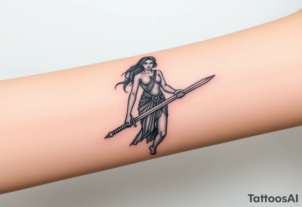 Greek goddess warrior with long dagger and realistic lighting bolts going around body Greek mythology style with dark shading tattoo idea