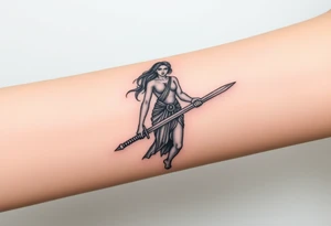 Greek goddess warrior with long dagger and realistic lighting bolts going around body Greek mythology style with dark shading tattoo idea