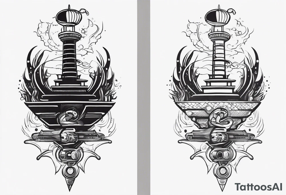 Powerful snake with an engine, also the dseign must be vertical. Also, the desing must be minimalistic not saturated. Remember the vertical proportion of the design. Within the design appears a spaceship with stars and bullets tattoo idea