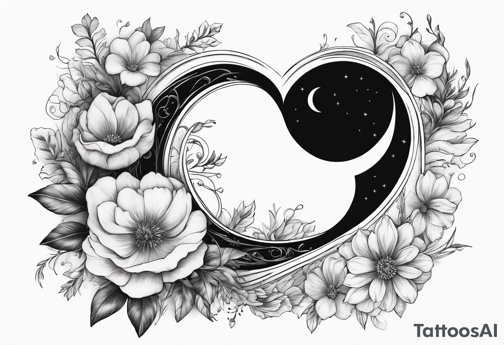 Crescent moon with a heart inside, shrouded by beautiful flowers with wisps of mist tattoo idea