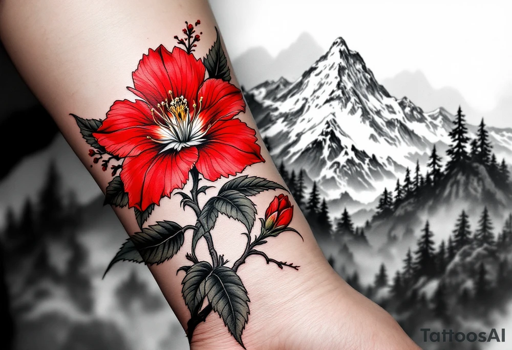 vertical wrist size red  and black rhododendron trippy with Himalayas behind tattoo idea