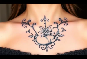 Mère assise  qui allaite son bébé, elle a une fleur de lys relié à son bébé. Ambiance mystique tattoo idea