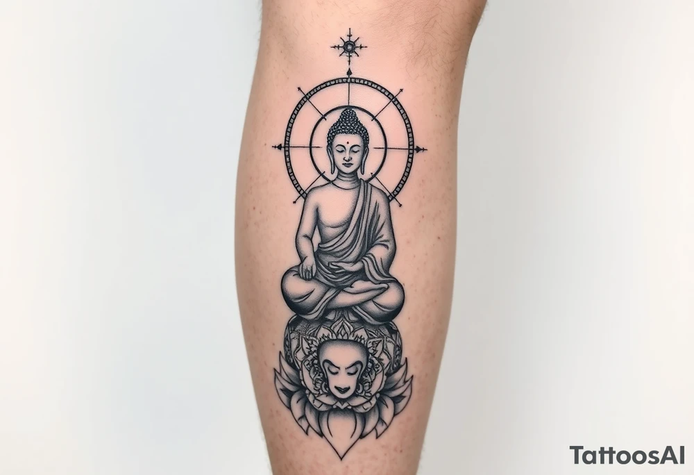 full leg tattoo with buddha above knee, using sacred geometry and space themes tattoo idea