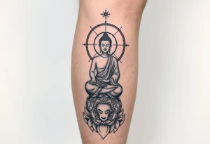 full leg tattoo with buddha above knee, using sacred geometry and space themes tattoo idea