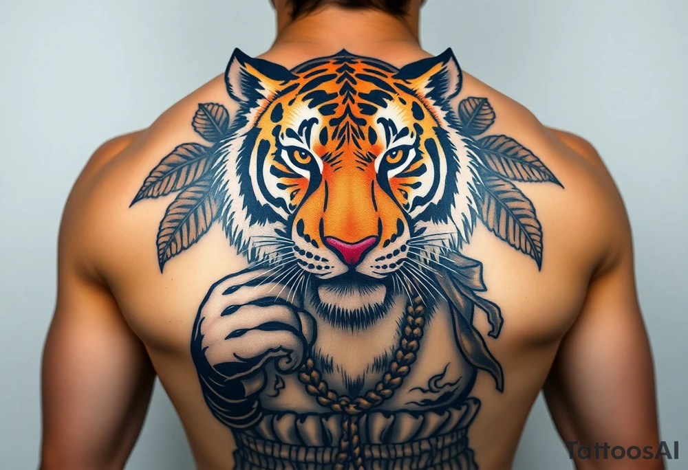 Bengal tiger wearing Muay Thai attire for a kickboxing match as a person would. The surrounding area is jungle tattoo idea
