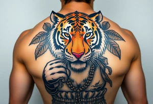 Bengal tiger wearing Muay Thai attire for a kickboxing match as a person would. The surrounding area is jungle tattoo idea