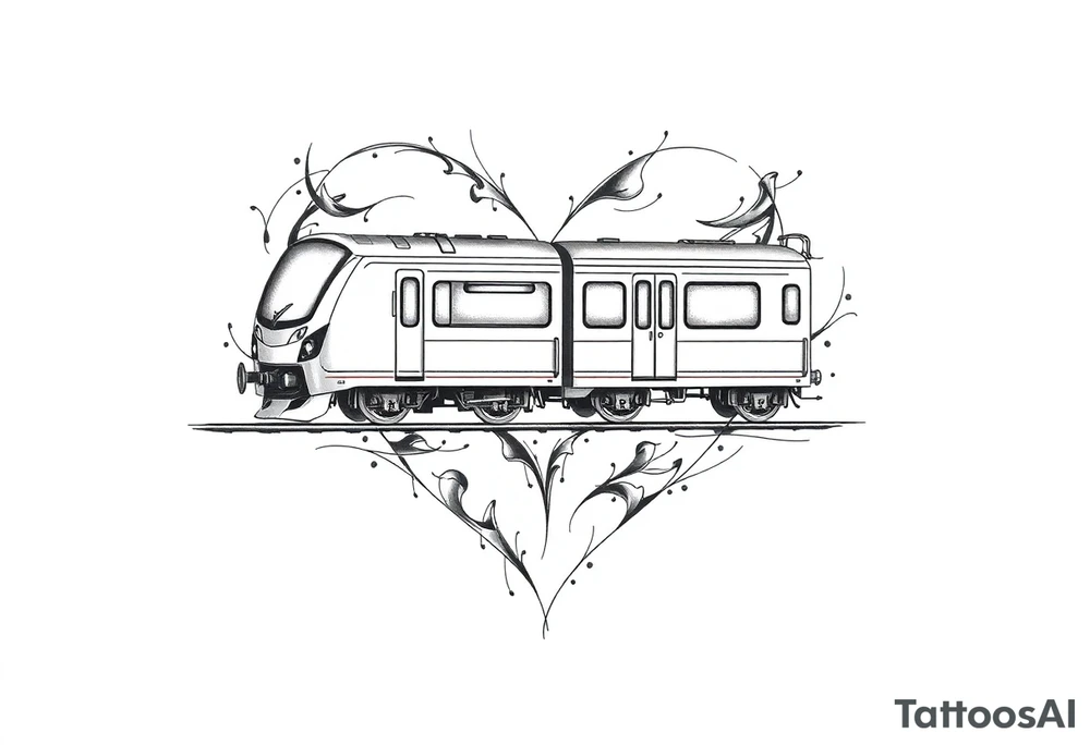 A modern train with carriages in the shape of a heart tattoo idea