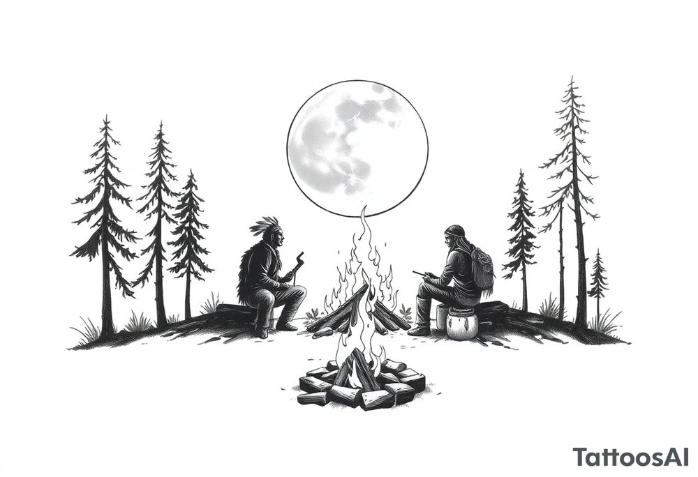 Native americans by campfire silhouette in moonlight in nature tattoo idea
