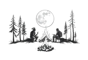 Native americans by campfire silhouette in moonlight in nature tattoo idea