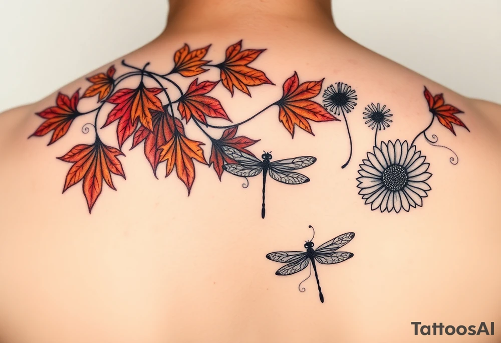 Create a vine with Maple leaves in red, orange and brown and gerbera daisies connected with thin swirly lines. Add in a dandelion wish and a dragonfly tattoo idea