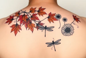 Create a vine with Maple leaves in red, orange and brown and gerbera daisies connected with thin swirly lines. Add in a dandelion wish and a dragonfly tattoo idea