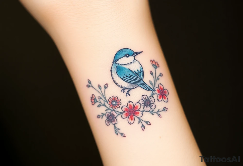 Puffy bluebird surrounded by wild flowers tattoo idea