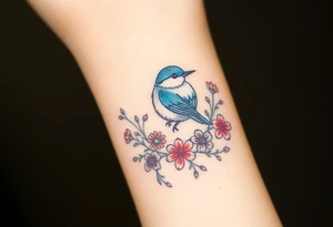 Puffy bluebird surrounded by wild flowers tattoo idea