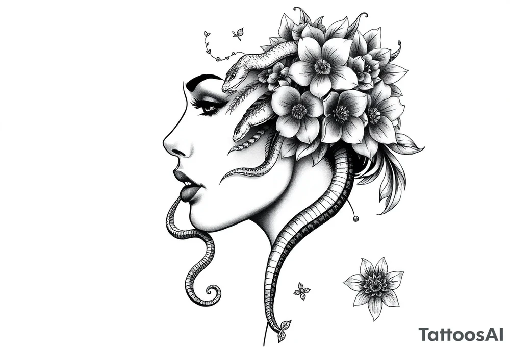 Powerful side profile woman’s face with flowers
And snakes heads and mandala tattoo idea