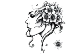 Powerful side profile woman’s face with flowers
And snakes heads and mandala tattoo idea