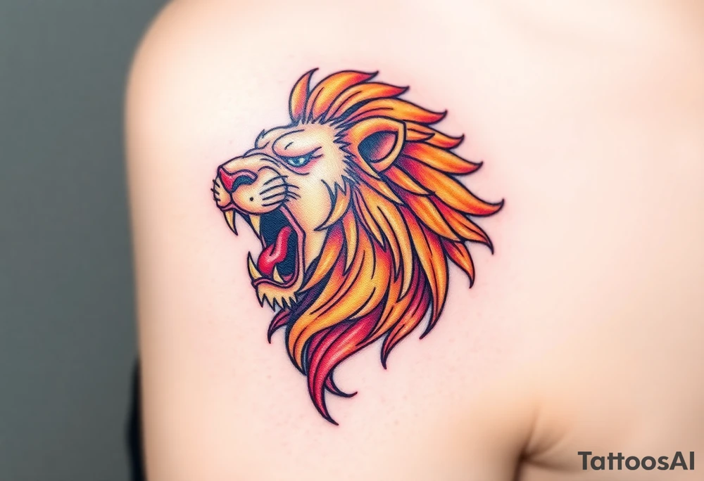 A detailed Czech lion with a golden crown, roaring powerfully, with deep red and black shading for contrast. tattoo idea