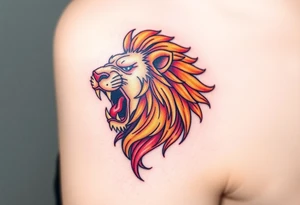 A detailed Czech lion with a golden crown, roaring powerfully, with deep red and black shading for contrast. tattoo idea