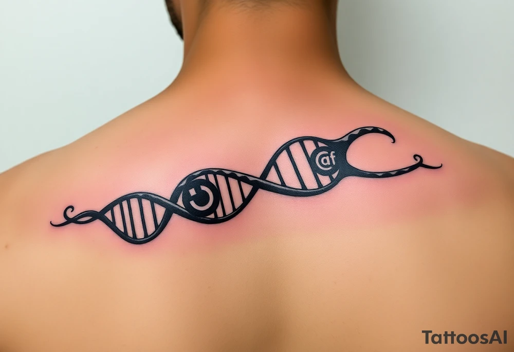 "Tattoo mimicking a DNA strand, but:  
- Base pairs replaced with Wi-Fi/Torrent logos  
- Caption: 'Open source enlightenment'  

Style: Bio-mechanical. Black/blue, bicep." tattoo idea