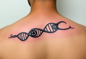 "Tattoo mimicking a DNA strand, but:  
- Base pairs replaced with Wi-Fi/Torrent logos  
- Caption: 'Open source enlightenment'  

Style: Bio-mechanical. Black/blue, bicep." tattoo idea