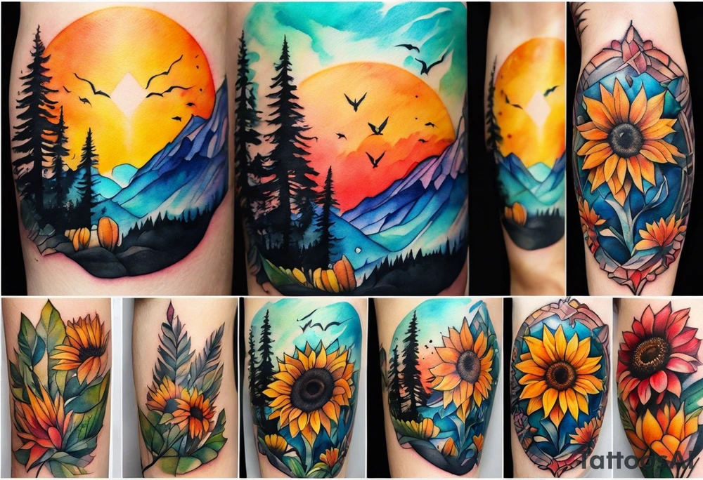 Small Watercolor inside arm tattoo, 4 inches. Black kite (Daya's name), nature (trees/flowers), rock/metal vibe (bold lines), sunflower. Bright colors! tattoo idea
