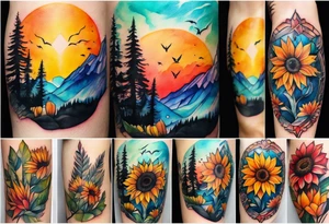 Small Watercolor inside arm tattoo, 4 inches. Black kite (Daya's name), nature (trees/flowers), rock/metal vibe (bold lines), sunflower. Bright colors! tattoo idea