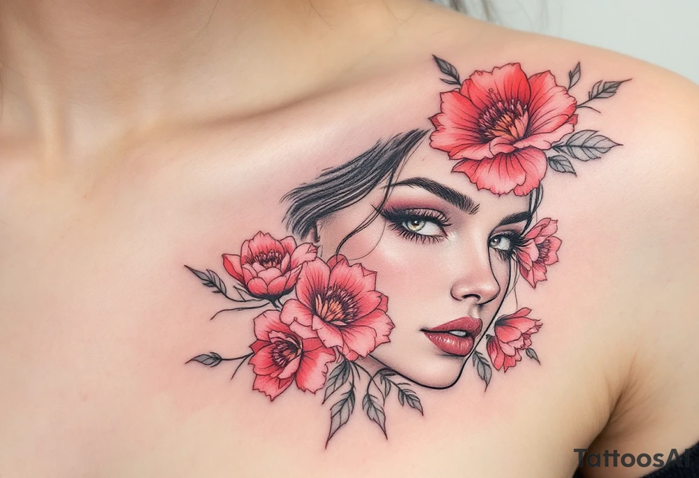 A close-up of Christina’s determined face surrounded by vibrant red and pink flowers. Her face is framed by soft lines, reflecting her bravery and loyalty within Dauntless. The red represents passion, while the pink signifies friendship and support.
Colors: Vibrant red, soft pink, black. tattoo idea