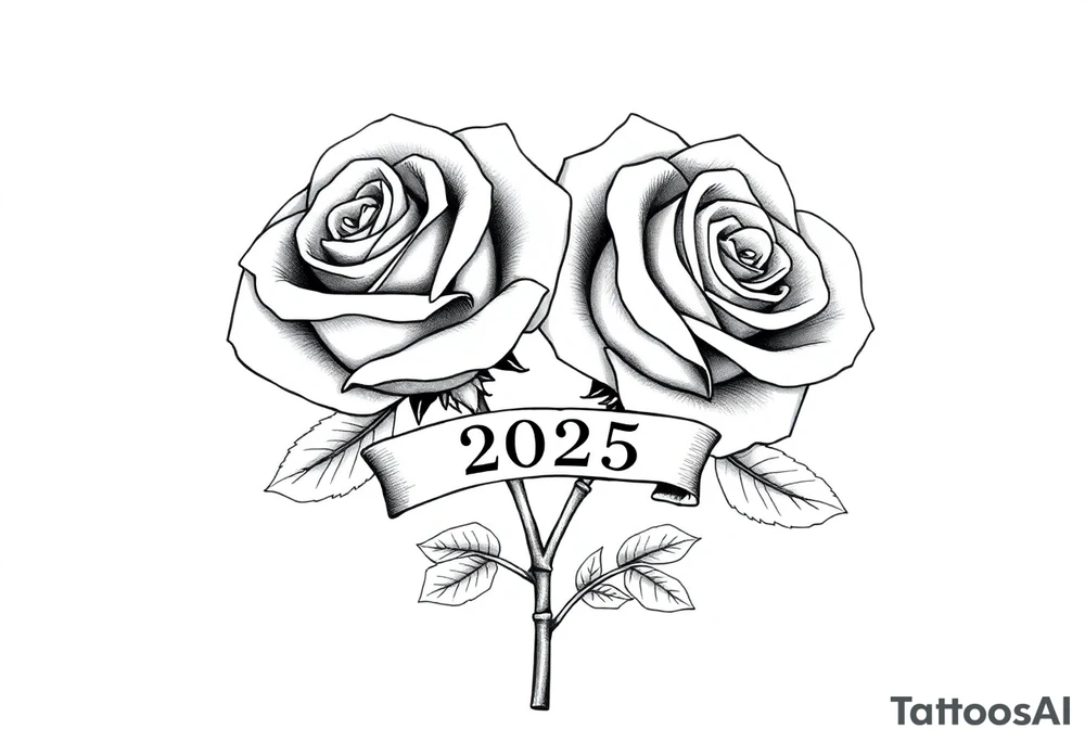 two big beautiful roses with their stems intertwined, with a small banner with the year "2025" on it with "薔薇" written under the year, tying them together. tattoo idea