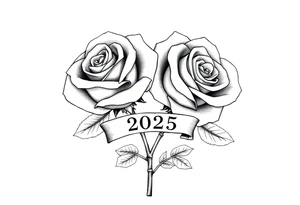 two big beautiful roses with their stems intertwined, with a small banner with the year "2025" on it with "薔薇" written under the year, tying them together. tattoo idea