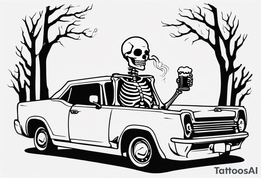 A skeleton sitting in a car drinking a beer and smoking tattoo idea A skeleton sitting in a car drinking a beer and smoking tattoo idea
