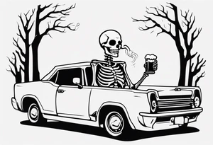 A skeleton sitting in a car drinking a beer and smoking tattoo idea