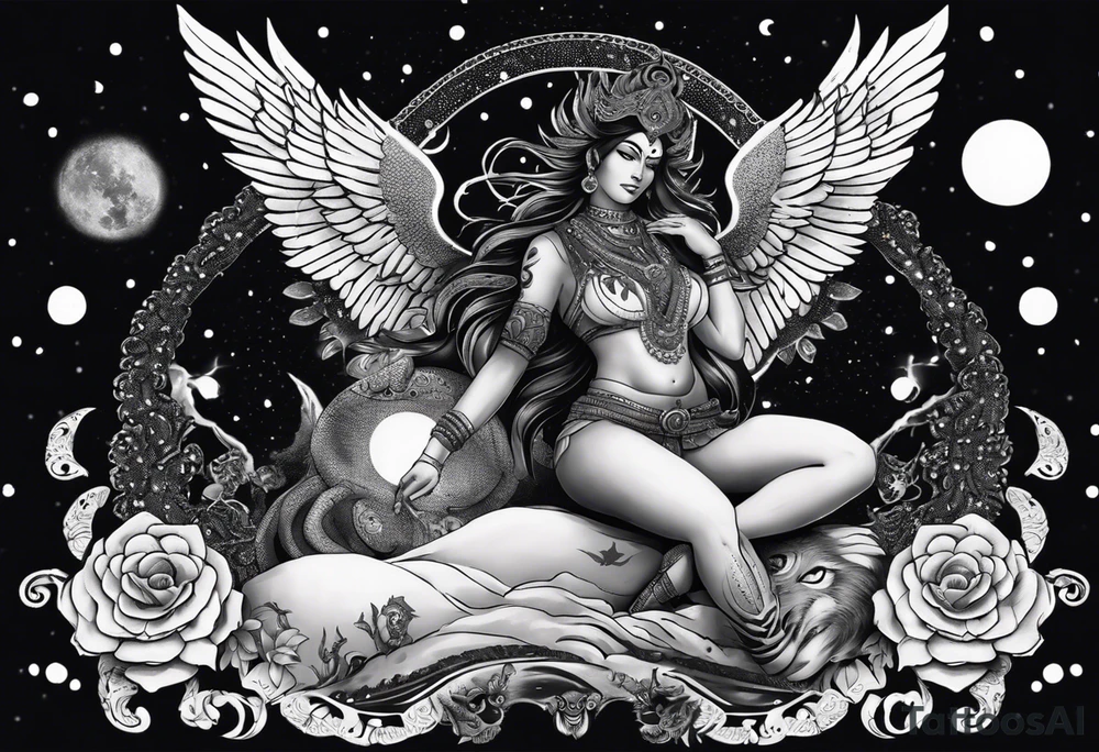 black kali, goddess pirate, alien, angel, pachamama, valkrye, warrior, flying, skull, lotus azul, wing, eagle, zenza resonance, stars, 5D, anahata chakra, death, durga, riding on a tiger, flying lady, kundalini, chest tatoo, samuri, rebel, serpent tattoo idea