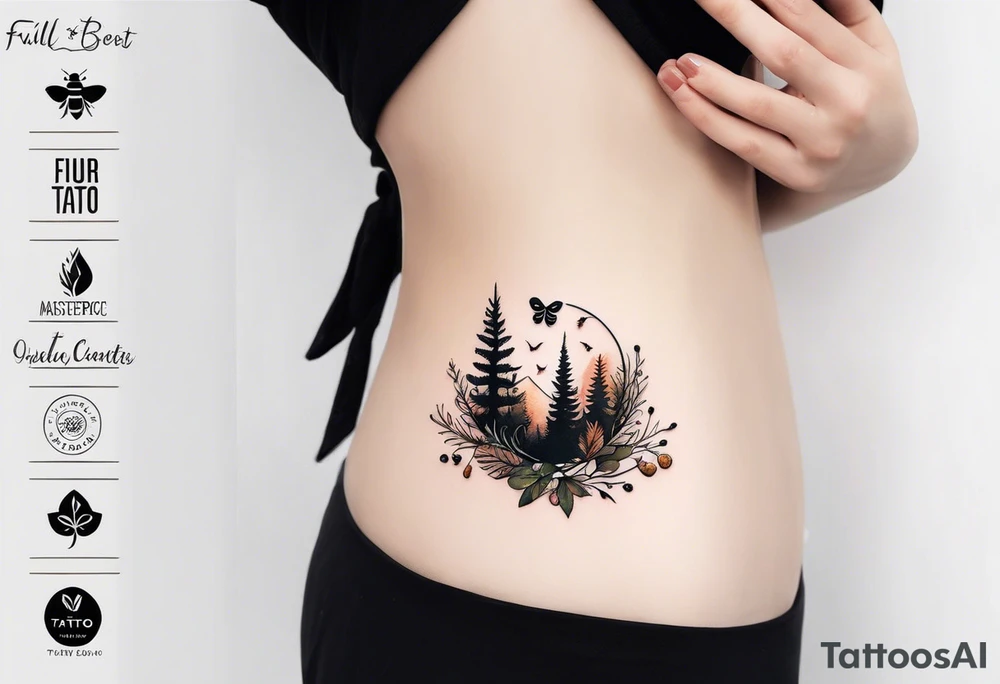 forest floor inspired minimalist tattoo, which includes grass, curly ferns, moss and dead leaves as the bulk of the tattoo. details to include: forest berries, a tiny bumblebee flying nearby, three small brown mushrooms
Generate a vertically long one tattoo idea