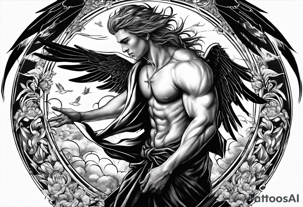male angel falling from the sky with hate in his eyes tattoo idea
