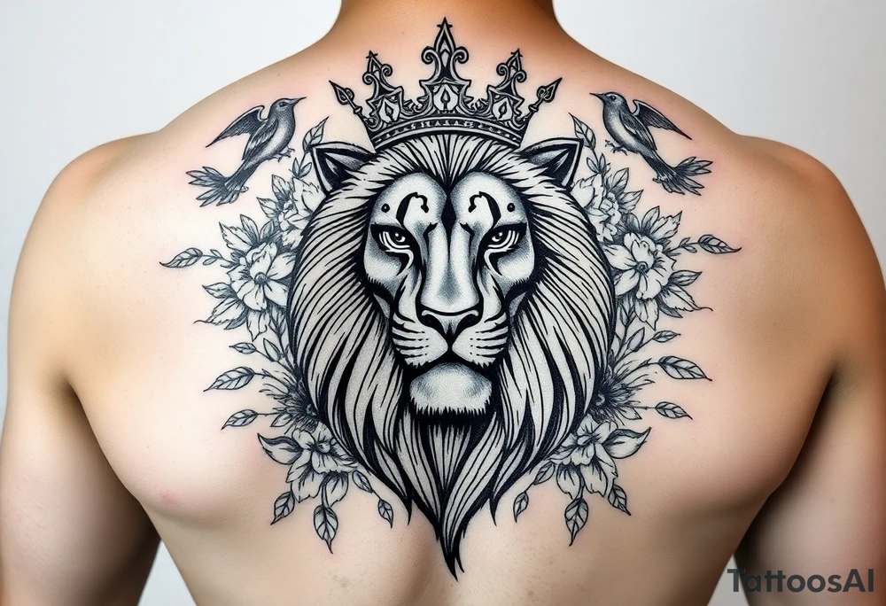 powerful majestic lion with a crown, surrounded by floral ornaments and birds tattoo idea