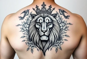 powerful majestic lion with a crown, surrounded by floral ornaments and birds tattoo idea