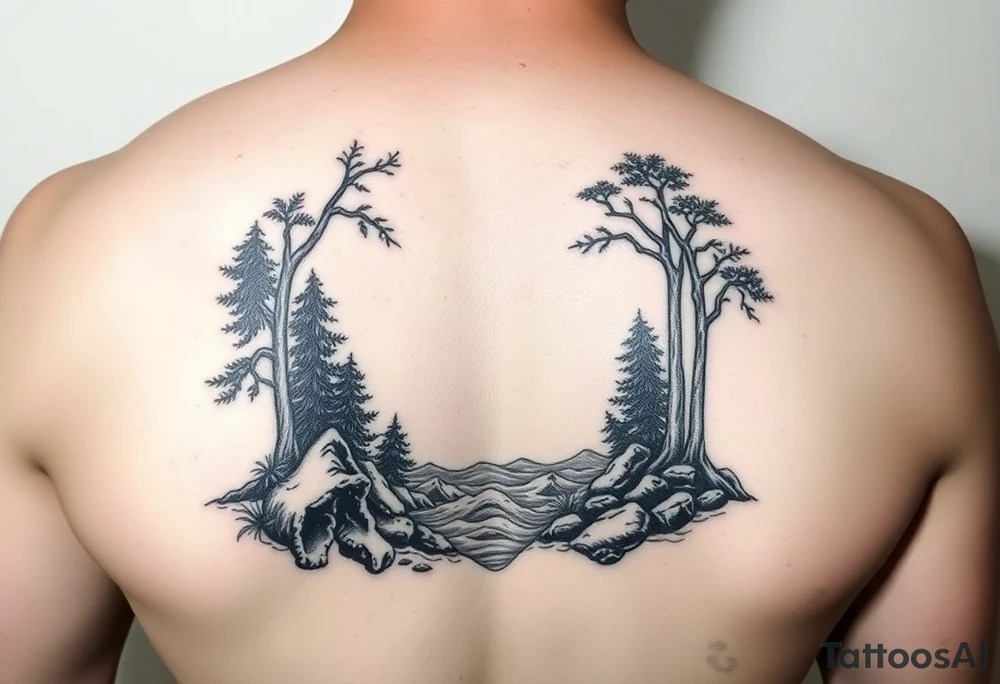 powerful ocean and forrest with rainy louds with lighting tattoo idea