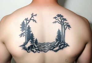 powerful ocean and forrest with rainy louds with lighting tattoo idea