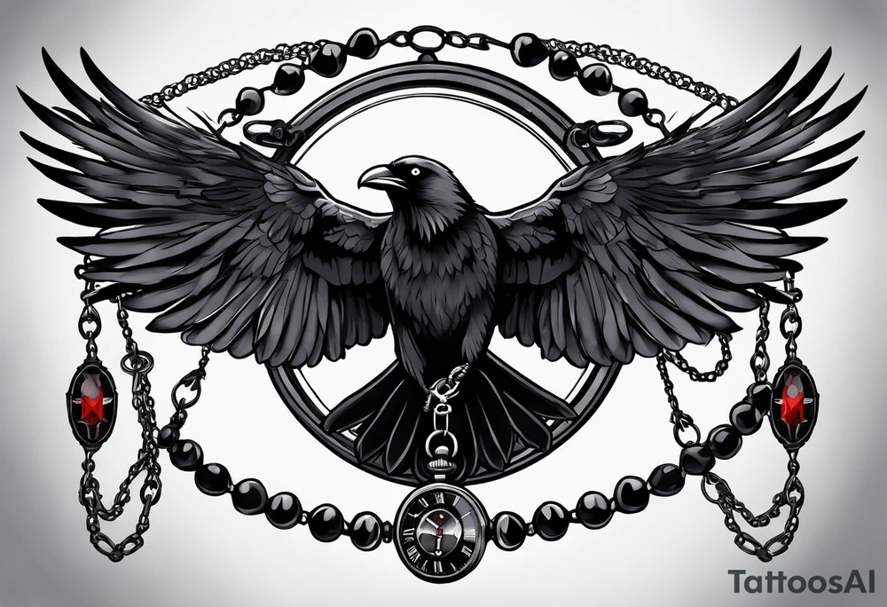 A cross wrapped in a rosary with a pocket watch and ravens flying in the background upper arm tattoo tattoo idea