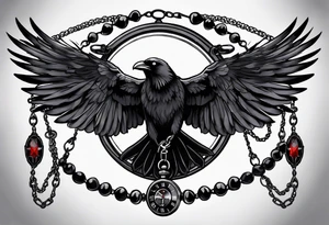 A cross wrapped in a rosary with a pocket watch and ravens flying in the background upper arm tattoo tattoo idea