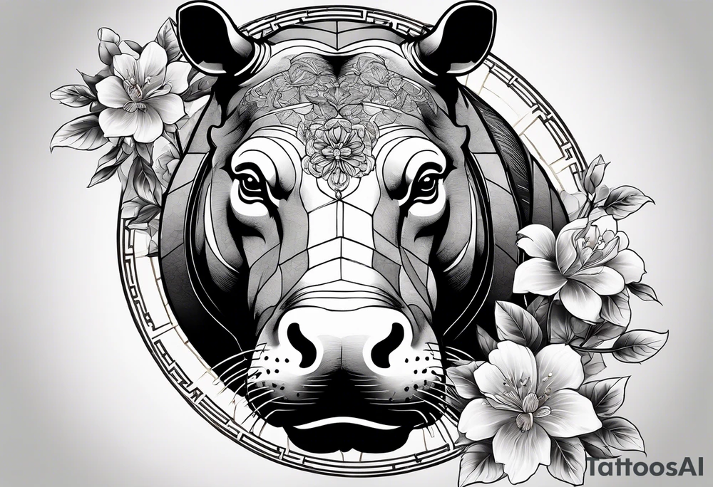 Asymmetrical, geometric, chinese ink art touch, hippo , full moon, wintersweet flower, light , modify from my favourite, s-shape tattoo idea