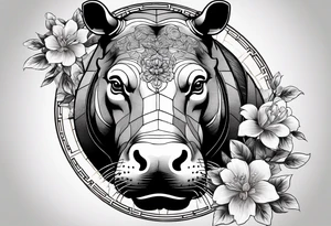 Asymmetrical, geometric, chinese ink art touch, hippo , full moon, wintersweet flower, light , modify from my favourite, s-shape tattoo idea