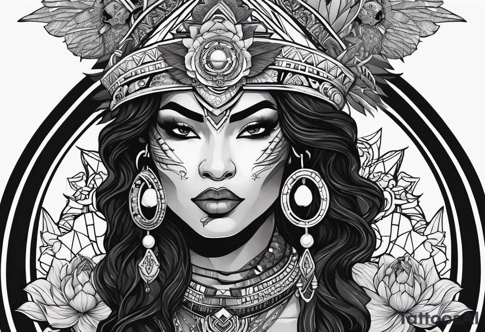 valkrye, kali, pirate, african goddess, , warrior, native american, lotus, zenza resonance, skulls, dragon, pachamama, left side face, chest, right wing, tattoo idea