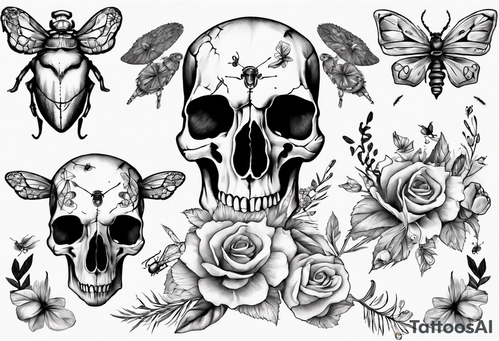 Animal skull with flowers and bugs around it tattoo idea