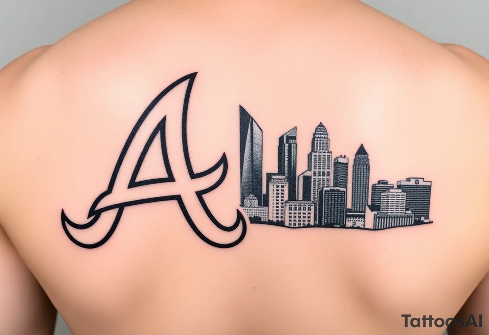 Atlanta Braves letter logo “A” overlapping the Atlanta skyline in the back on the right. The buildings as concise and jam packed parallel the logo. tattoo idea
