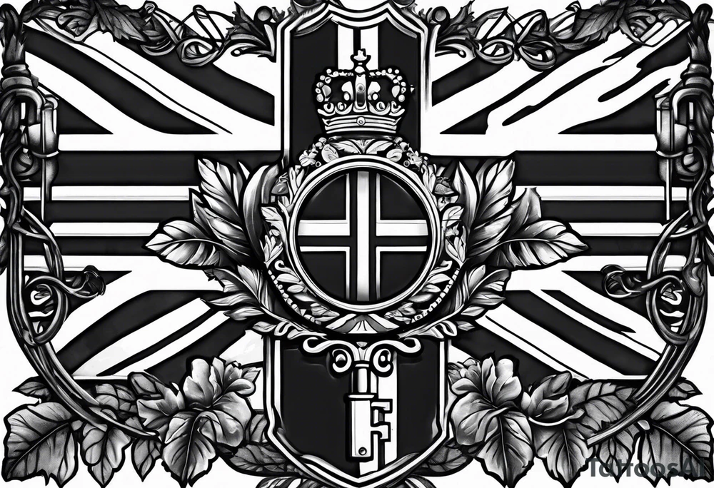 union jack key leaves tattoo idea