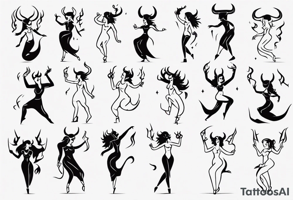 female dancing with devil horns tattoo idea