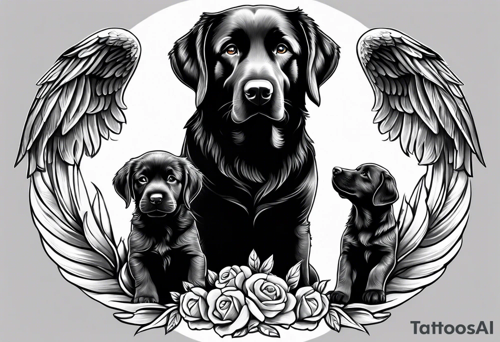Black Labrodor Retriever standing gaurd over two angel babies memorial tattoo tattoo idea