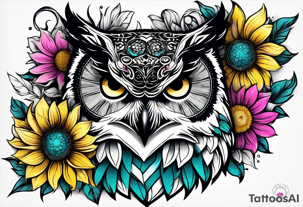 Leg Sleeve with black and white owl that's lightly shaded teal, pink and purple and yellow sunflowers tattoo idea
