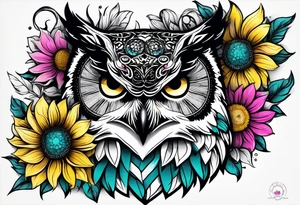 Leg Sleeve with black and white owl that's lightly shaded teal, pink and purple and yellow sunflowers tattoo idea